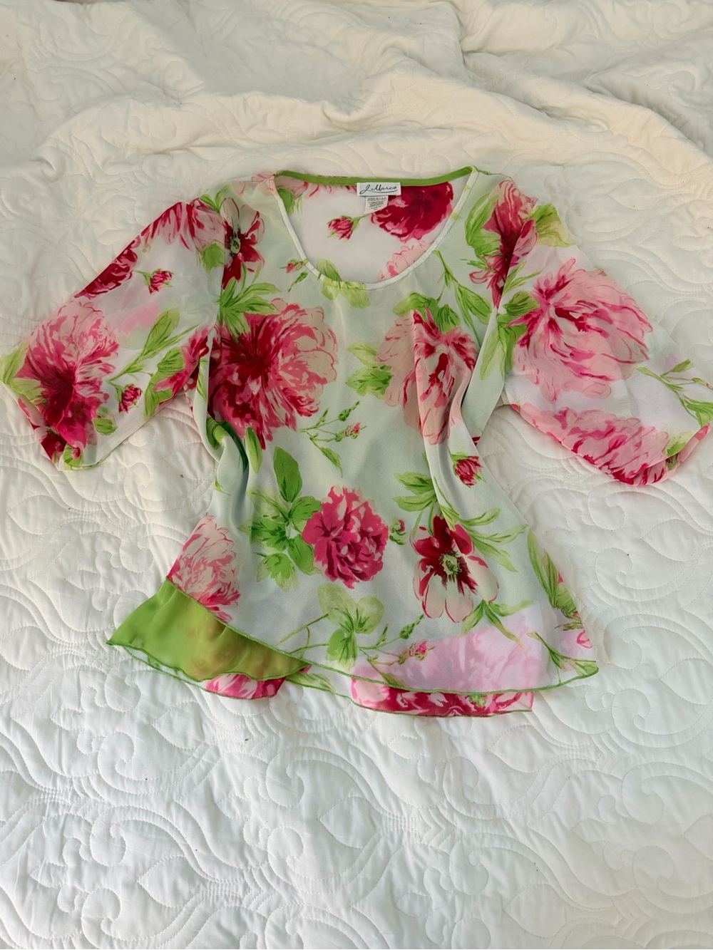 J. Marco Floral Sheer Layered Blouse Top Medium Pink Green Floral